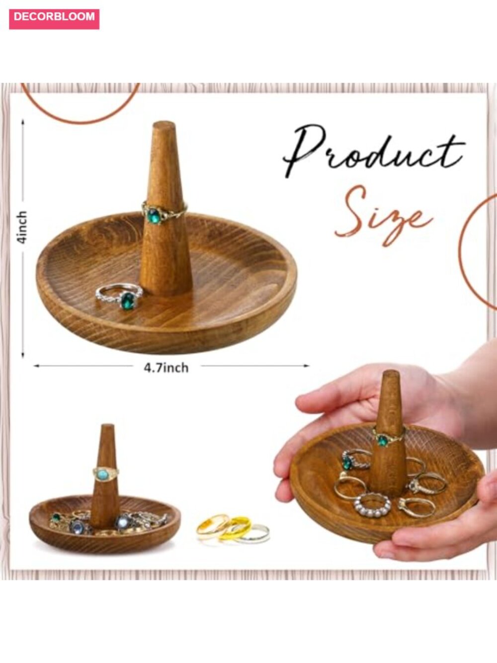 Solid Beech Wood Ring Holder Jewelry Tower Organizer Dish Stand Wedding Gift - Picture 2 of 6